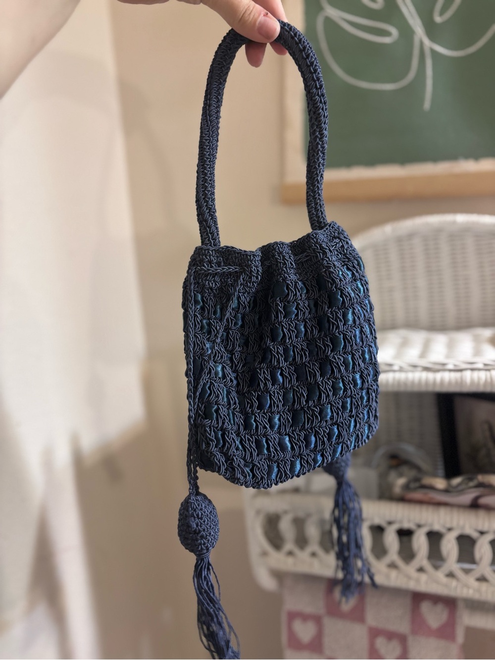 Navy Crochet Tassel Drawstring Bag - Women